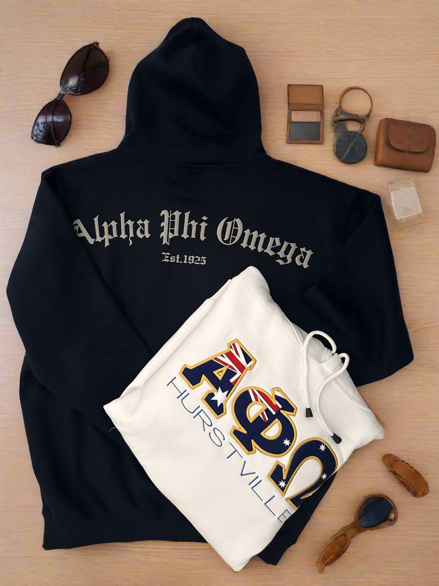 Fraternities and sororities Greek font, applique with aus NZ flag machine embroidery